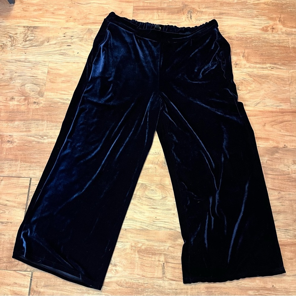 Suzanne Betro 2X Midnight Blue Velvet Wide Leg Pants Stretch Pull On Goth VTG
